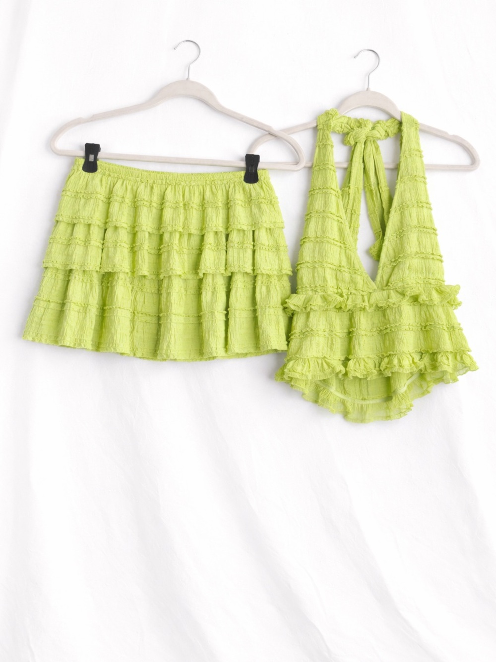 Soleia Lime Green Ruffle Two Piece Set Halter Top Mini Skirt Beach